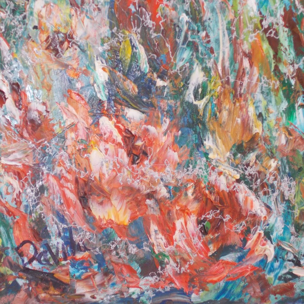Original "Crimson Melody Floral" impressionistic oil painting by Davila, 11"x14"
